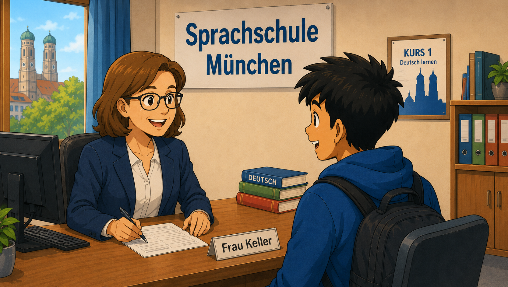 Walid spricht mit Frau Keller in der Sprachschule München