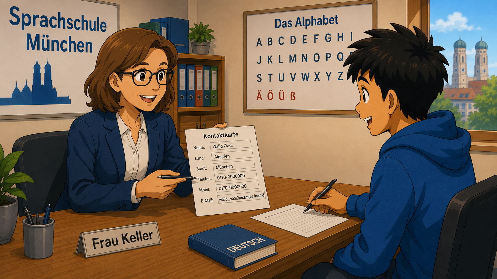 Walid füllt bei Frau Keller eine Kontaktkarte aus