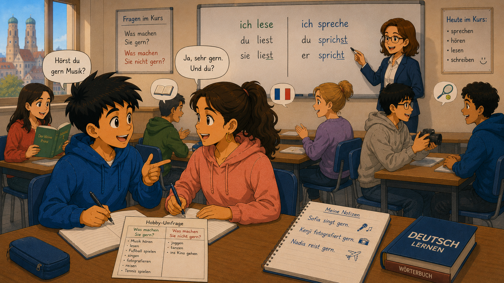 Walid und seine Freunde sprechen über Hobbys im Deutschkurs