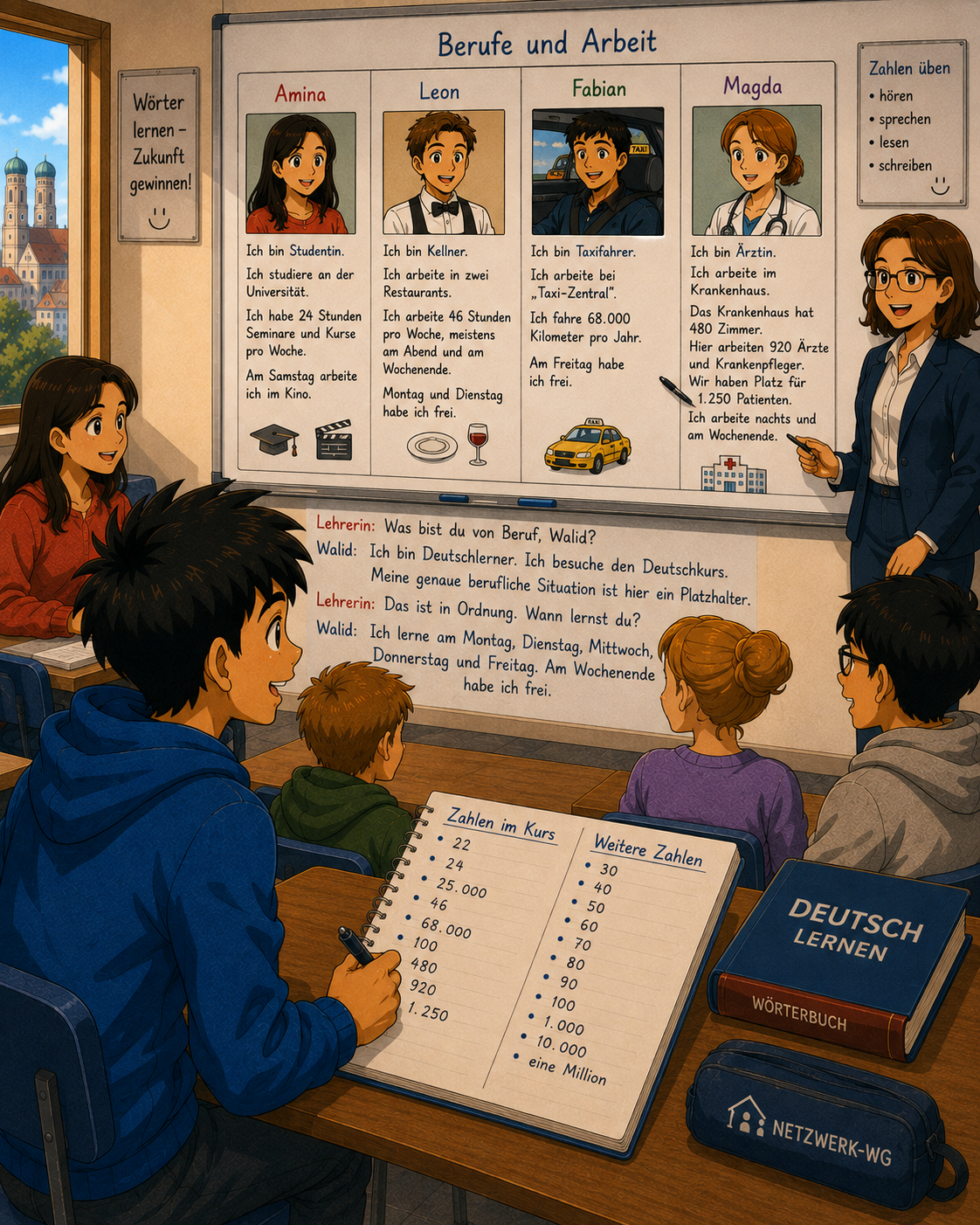 Die Klasse lernt Berufe und Zahlen auf Deutsch